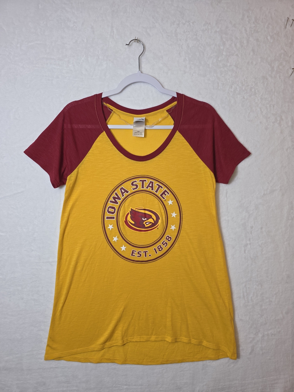 Iowa State Short-Sleeve Raglan Tee in Gold and Maroon